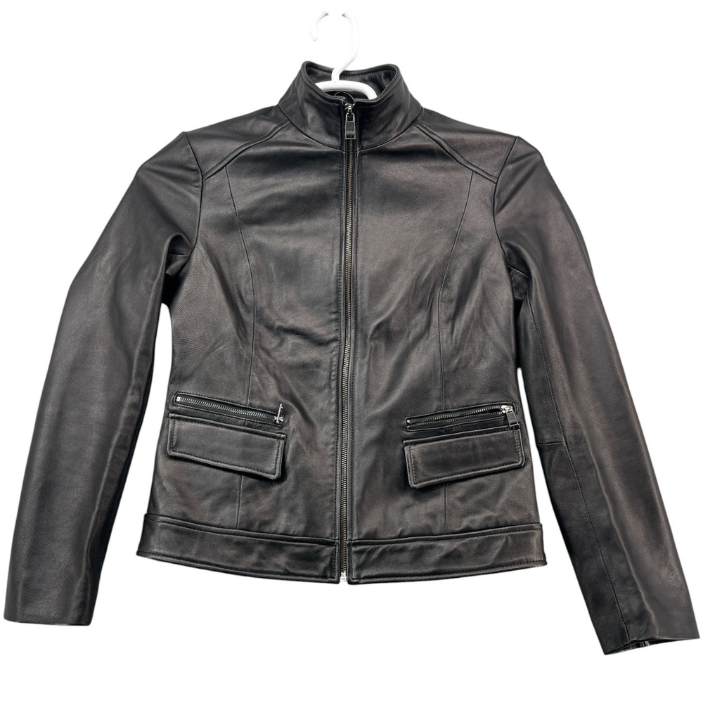Marc New York Andrew Marc Black Lamb Leather Moto Jacket Womens Medium Zip Front